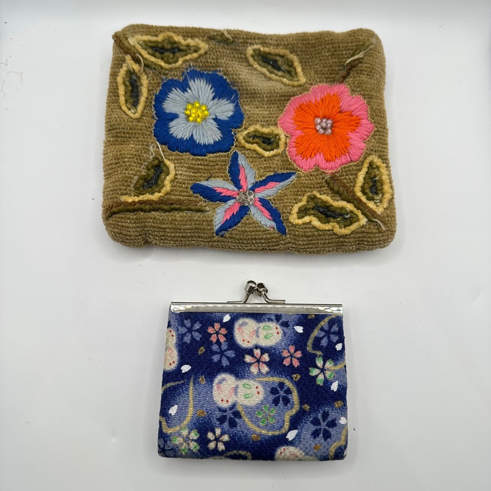 Vintage Embroidered Floral Pouch and Japanese Rabbit Kiss Lock Coin Purse Lot
